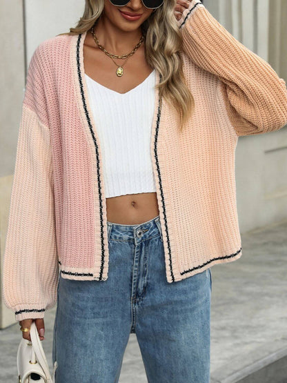 Contrast Open Front Long Sleeve Cardigan - TayDiane