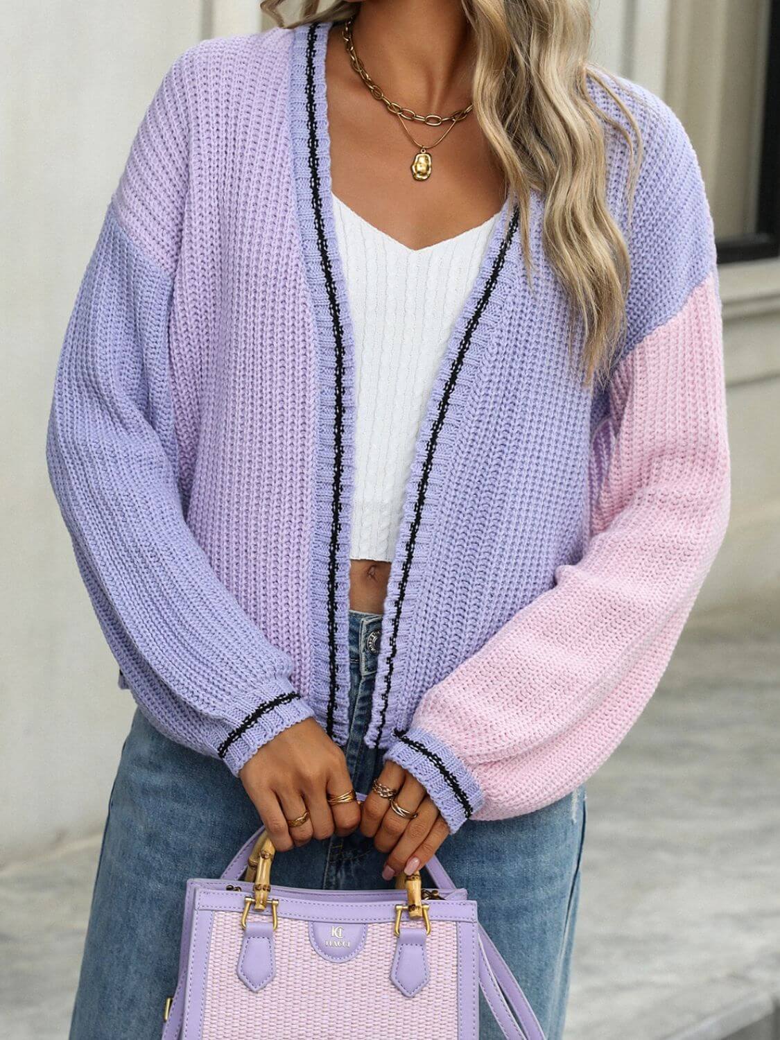 Contrast Open Front Long Sleeve Cardigan - TayDiane