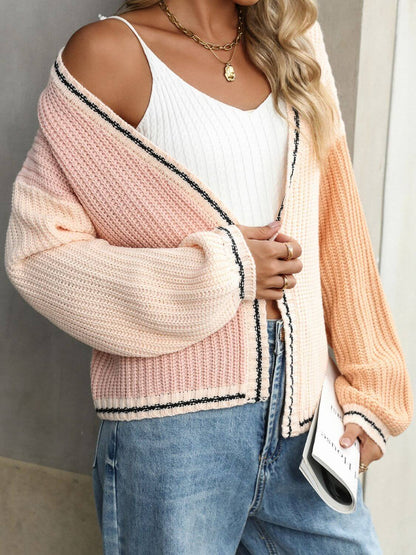 Contrast Open Front Long Sleeve Cardigan - TayDiane