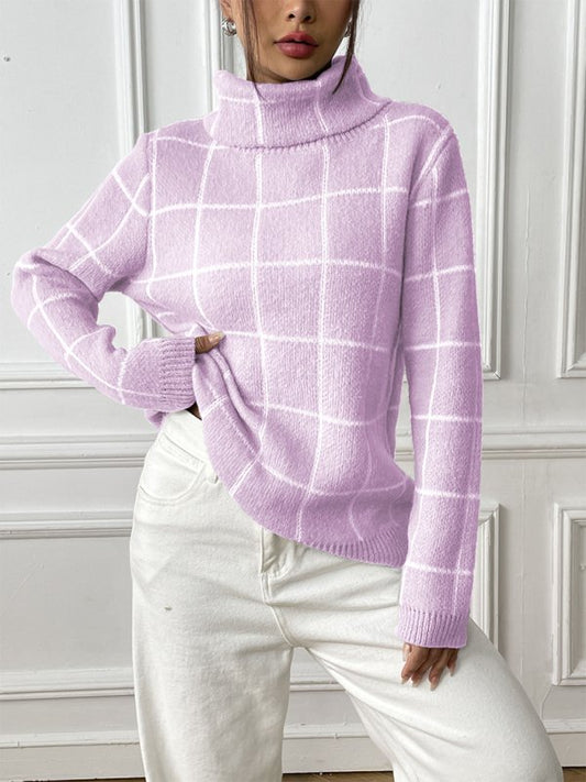 Contrast Plaid Turtleneck Sweater - TayDiane