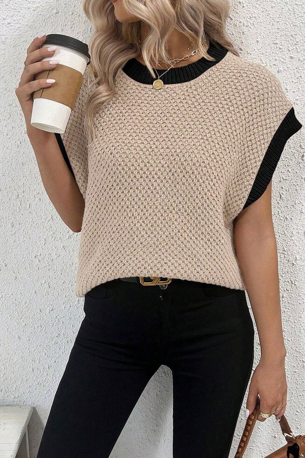 Contrast Round Neck Cap Sleeve Knit Top - TayDiane