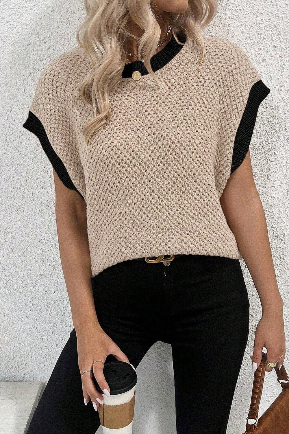 Contrast Round Neck Cap Sleeve Knit Top - TayDiane