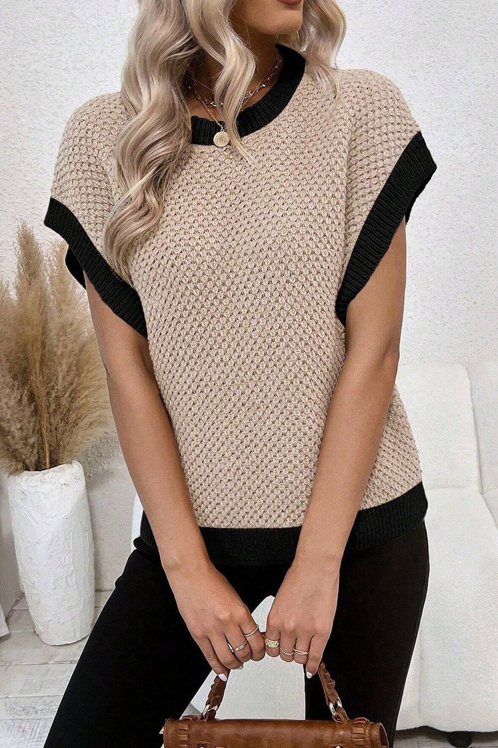 Contrast Round Neck Cap Sleeve Knit Top - TayDiane