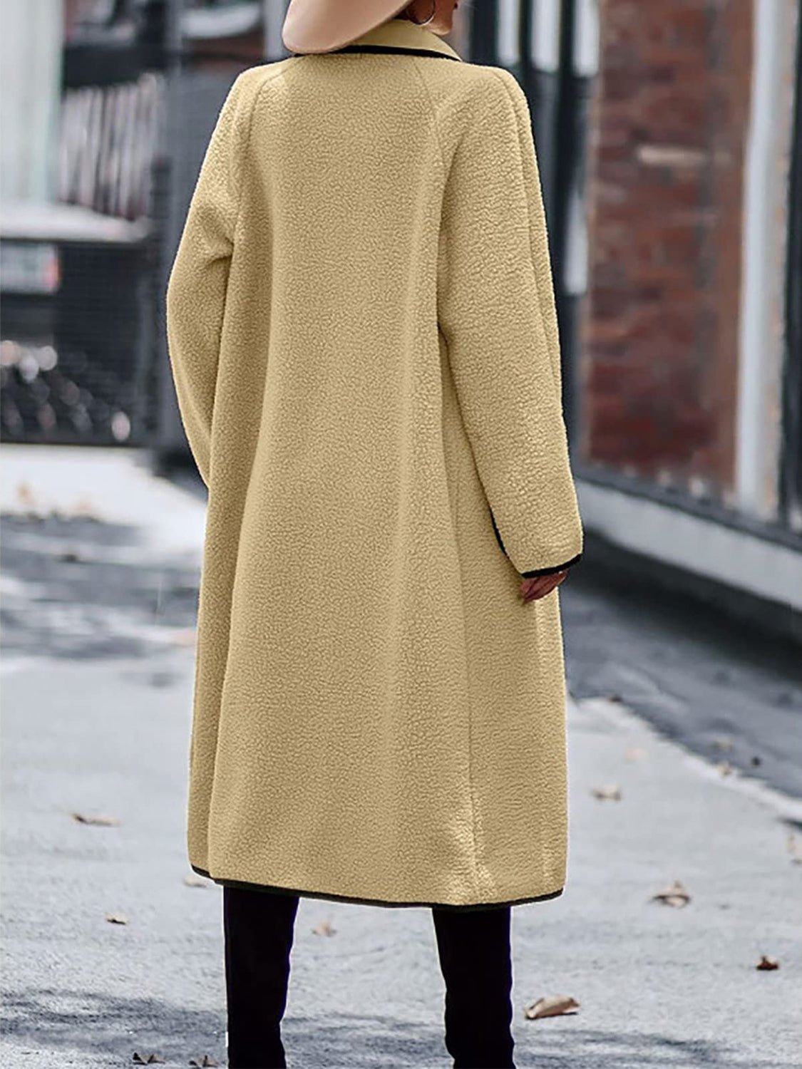 Contrast Trim Long Sleeve Coat with Pockets - TayDiane