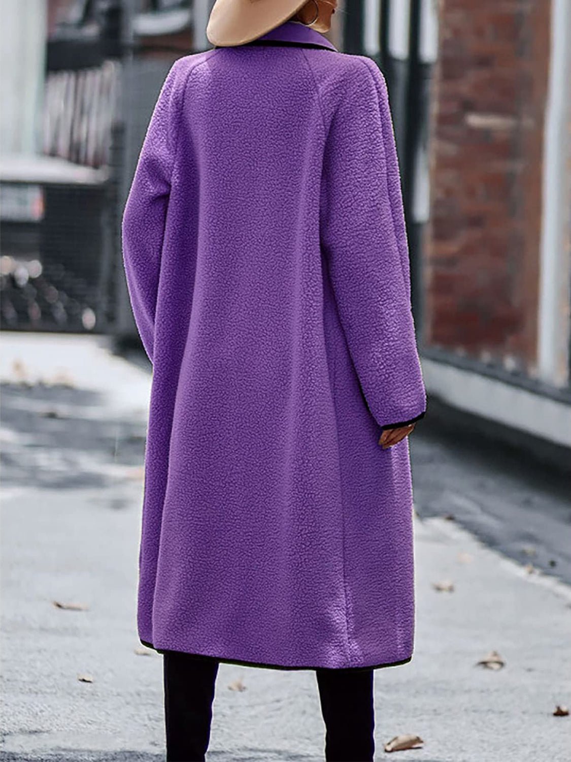 Contrast Trim Long Sleeve Coat with Pockets - TayDiane