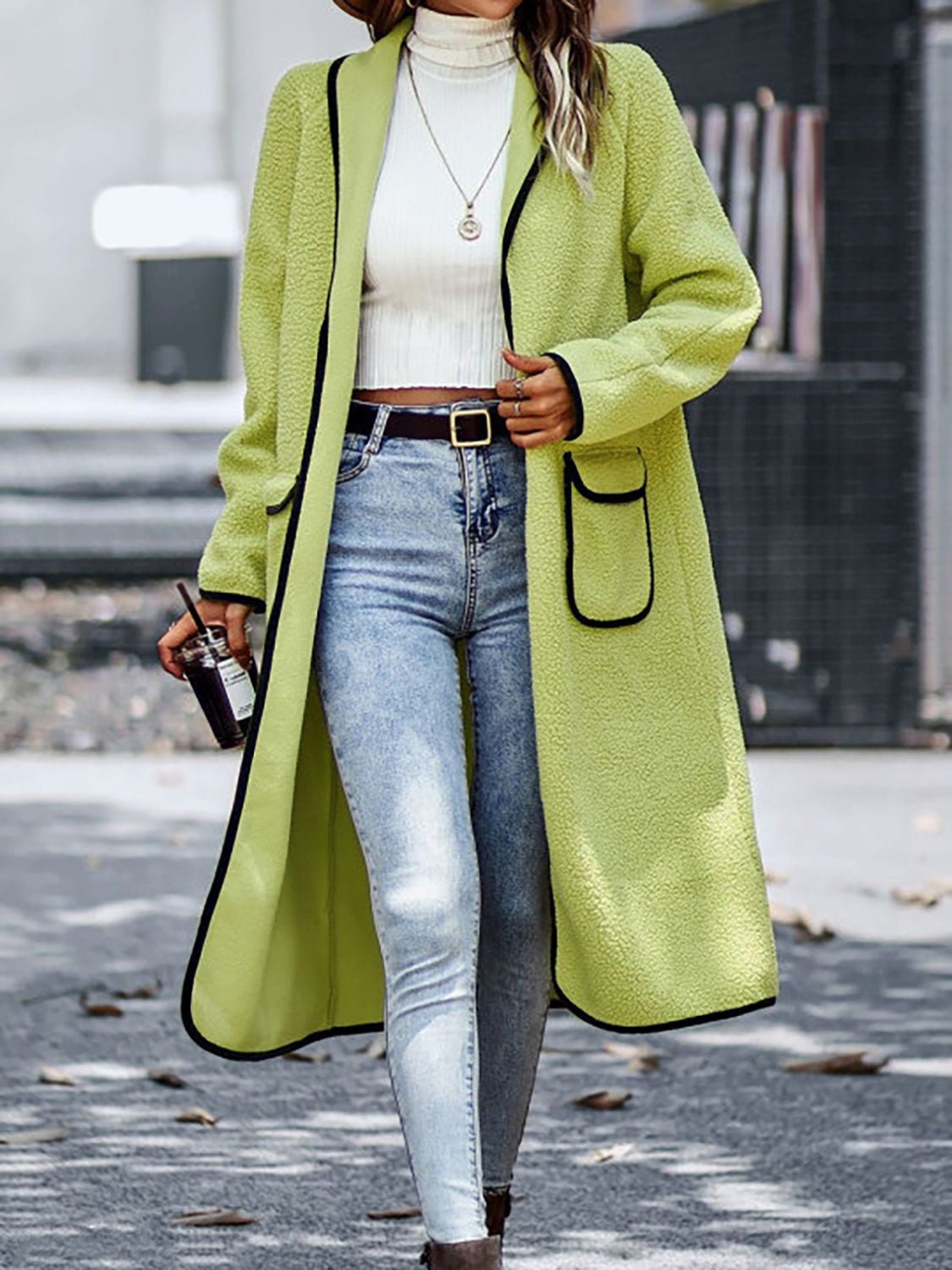 Contrast Trim Long Sleeve Coat with Pockets - TayDiane