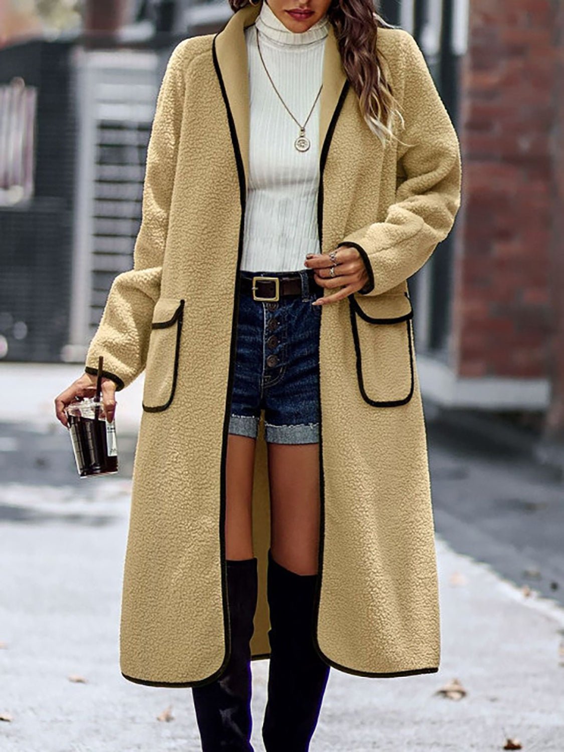 Contrast Trim Long Sleeve Coat with Pockets - TayDiane