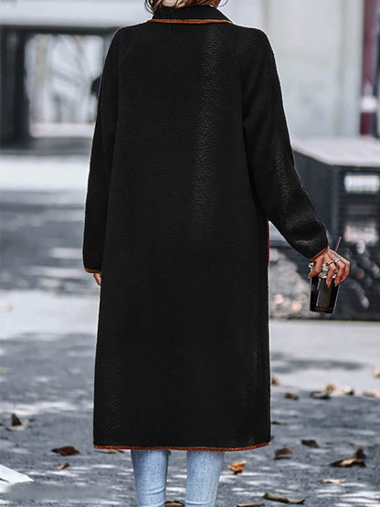 Contrast Trim Long Sleeve Coat with Pockets - TayDiane