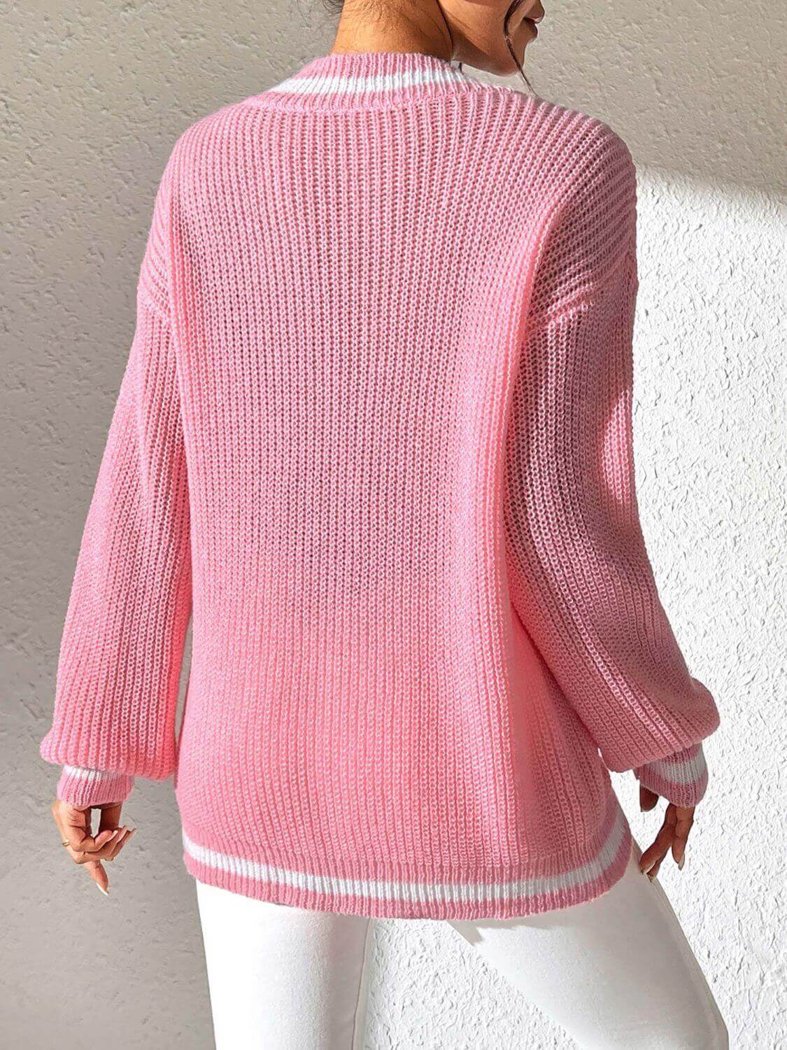 Contrast Trim V - Neck Long Sleeve Sweater - TayDiane