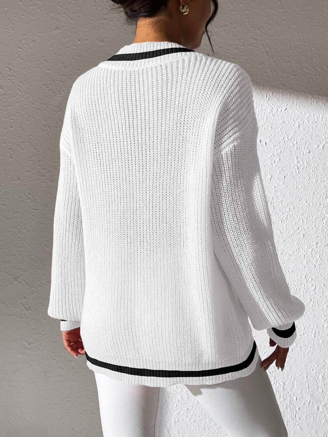 Contrast Trim V - Neck Long Sleeve Sweater - TayDiane