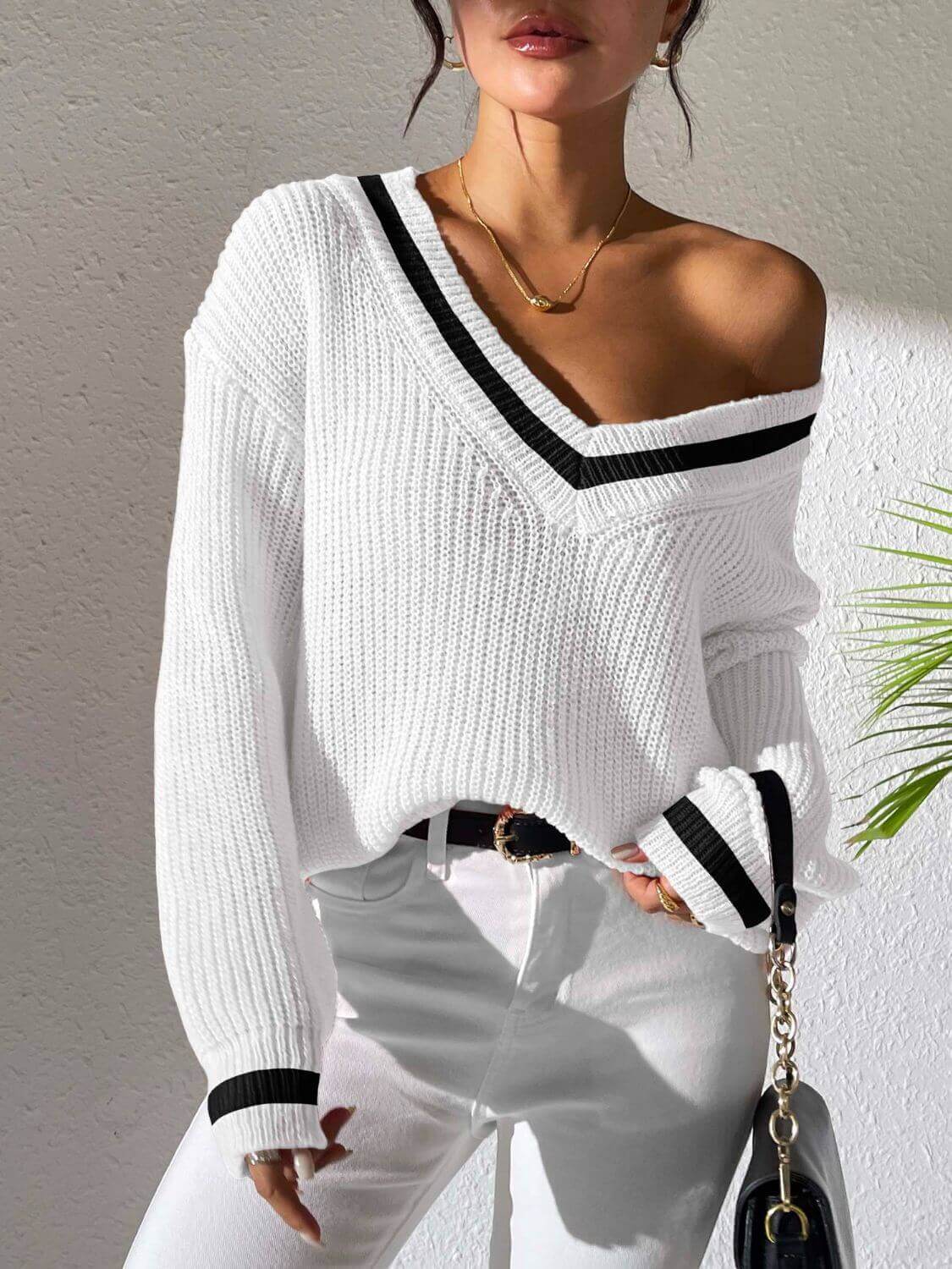 Contrast Trim V - Neck Long Sleeve Sweater - TayDiane