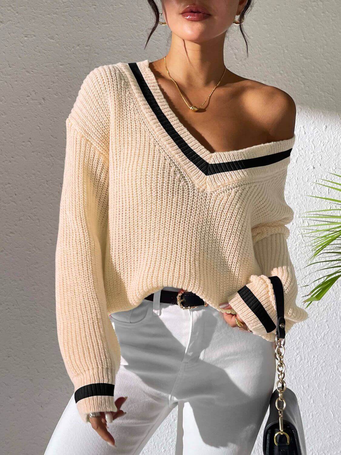 Contrast Trim V - Neck Long Sleeve Sweater - TayDiane