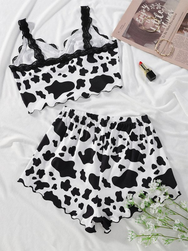 Cow Print Camisole Top Lace Lace Shorts Loungewear Pajama Set - TayDiane