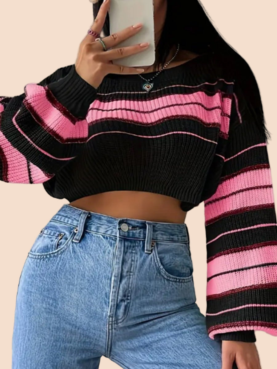 Cozy Striped Cropped Knit Sweater - TayDiane