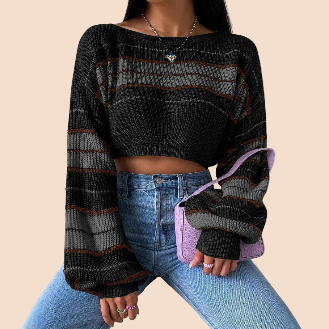 Cozy Striped Cropped Knit Sweater - TayDiane