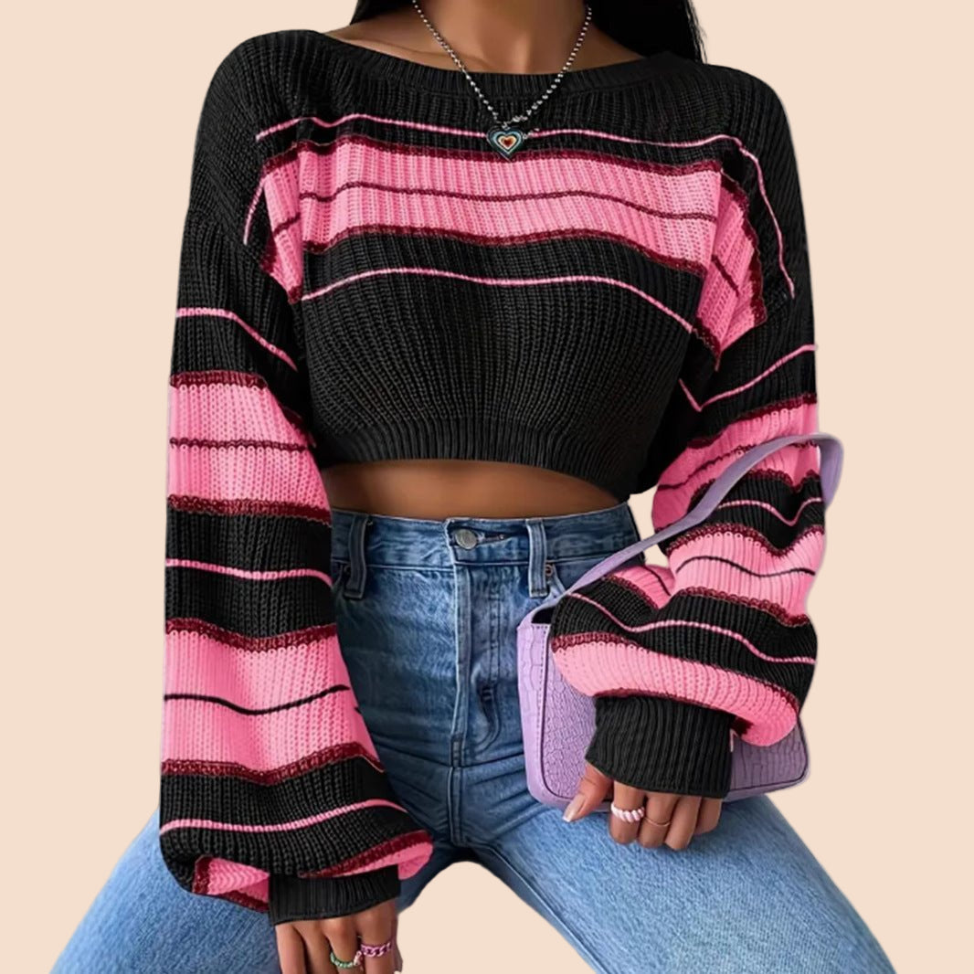 Cozy Striped Cropped Knit Sweater - TayDiane