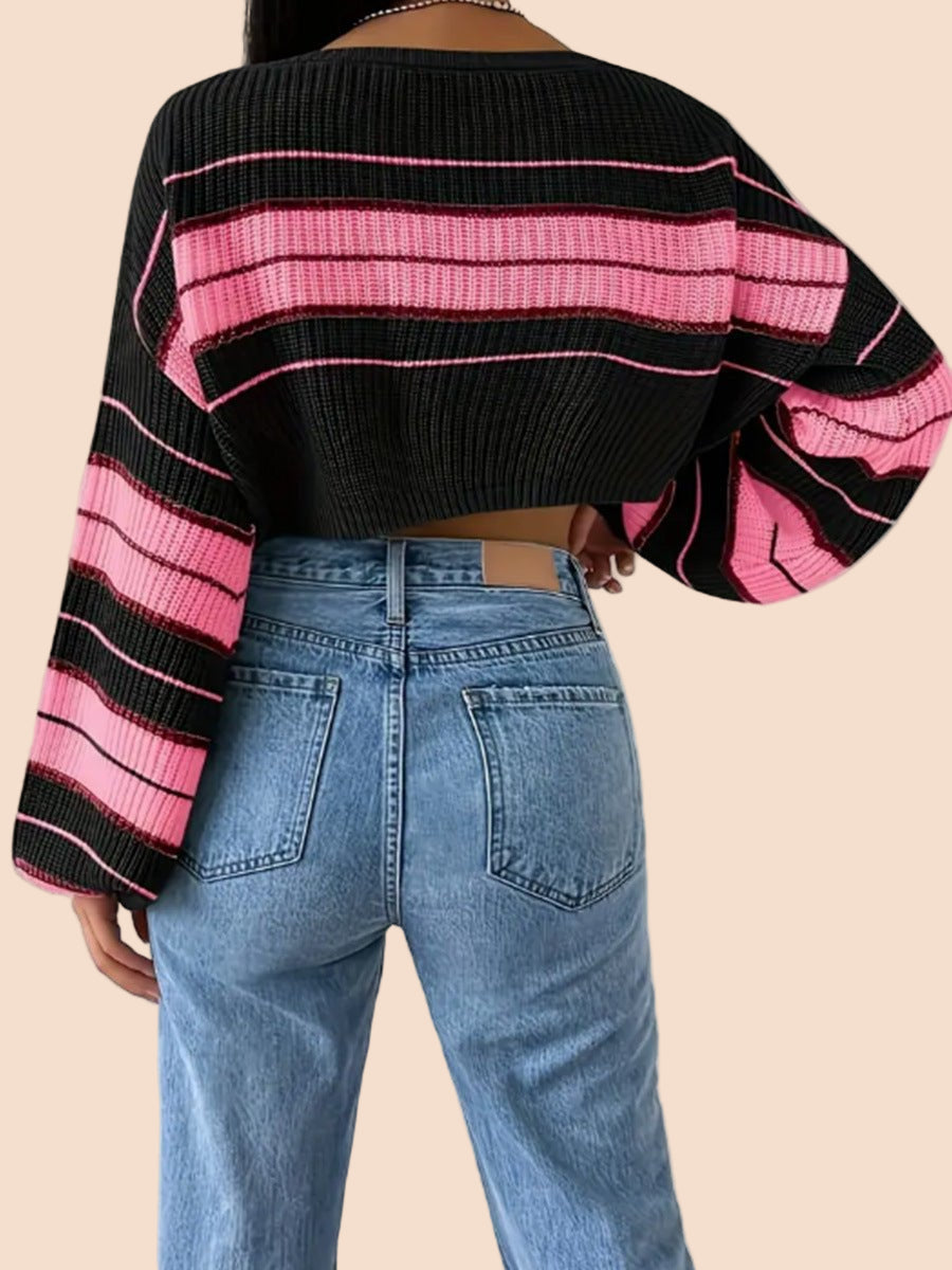 Cozy Striped Cropped Knit Sweater - TayDiane