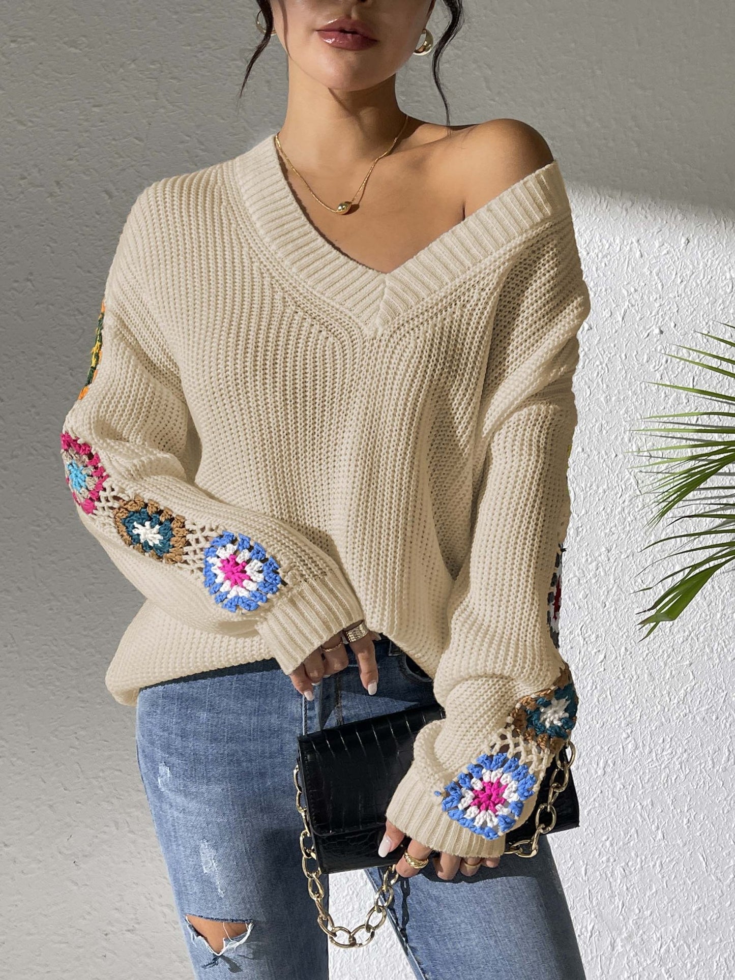 Crochet Flower V - Neck Sweater - TayDiane