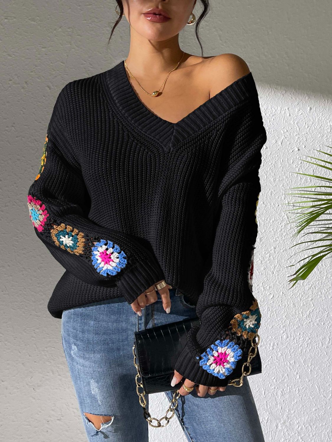 Crochet Flower V - Neck Sweater - TayDiane