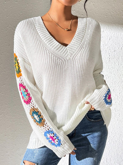 Crochet Flower V - Neck Sweater - TayDiane