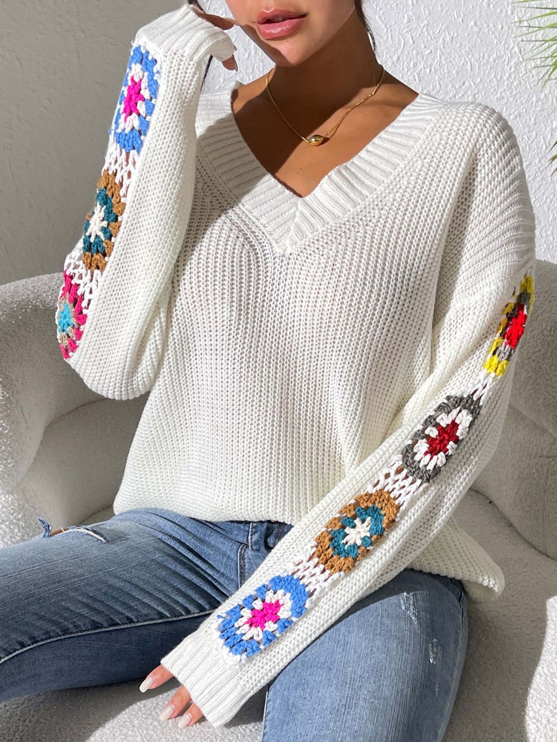 Crochet Flower V - Neck Sweater - TayDiane