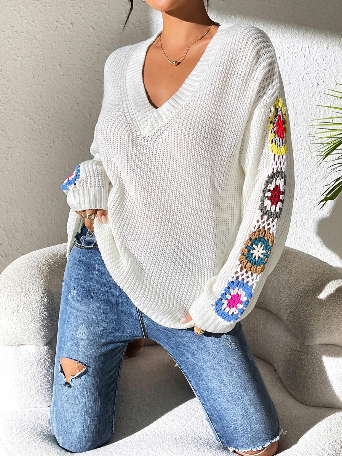 Crochet Flower V - Neck Sweater - TayDiane