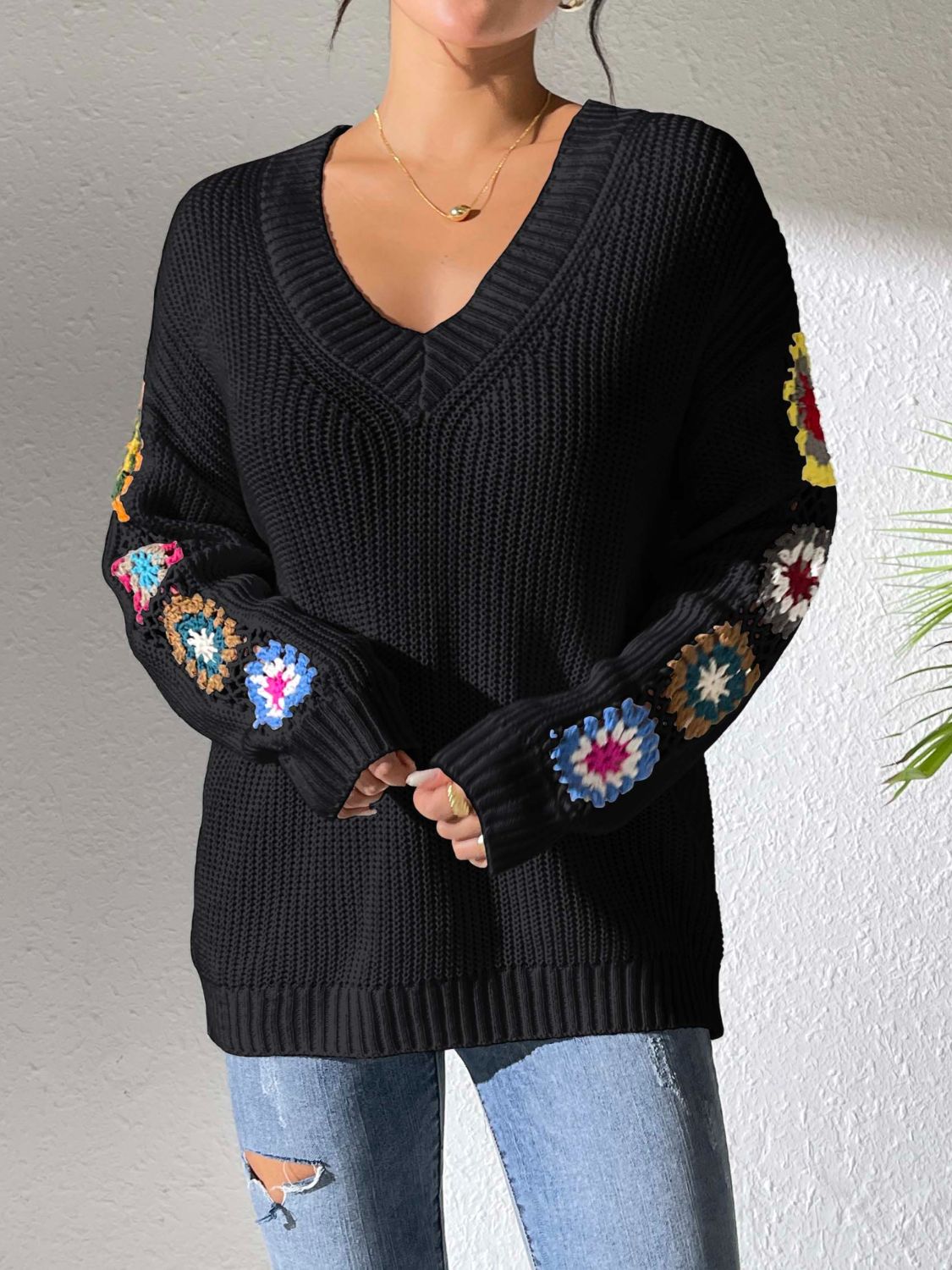 Crochet Flower V - Neck Sweater - TayDiane