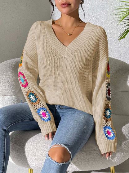 Crochet Flower V - Neck Sweater - TayDiane