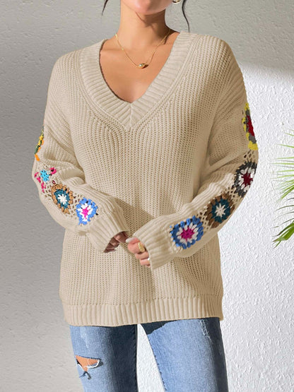 Crochet Flower V - Neck Sweater - TayDiane