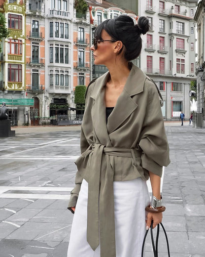 Cropped Autumn Trench Coat with Tie Detail - TayDiane