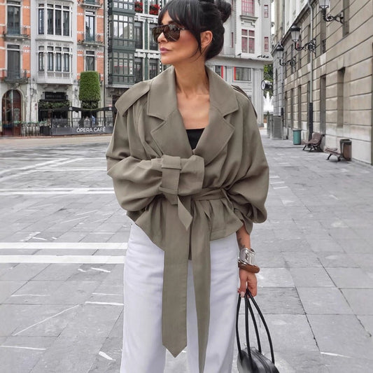 Cropped Autumn Trench Coat with Tie Detail - TayDiane