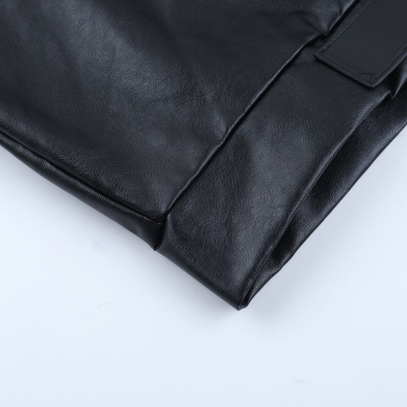 Cropped Faux Leather Moto Jacket - Black - TayDiane