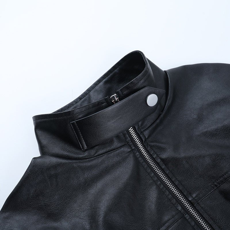 Cropped Faux Leather Moto Jacket - Black - TayDiane