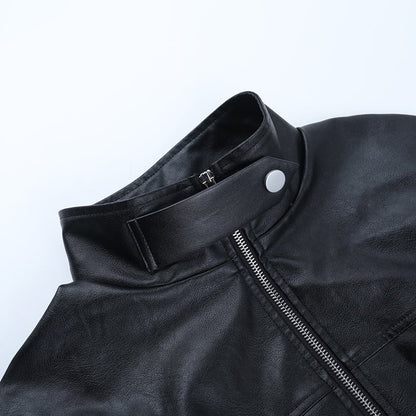 Cropped Faux Leather Moto Jacket - Black - TayDiane