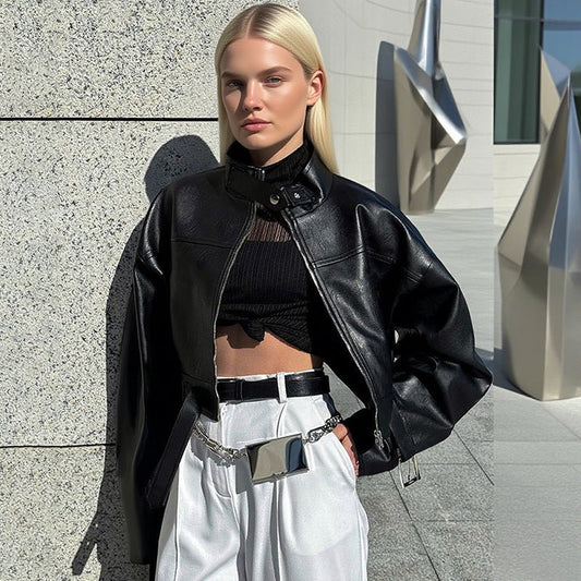Cropped Faux Leather Moto Jacket - Black - TayDiane
