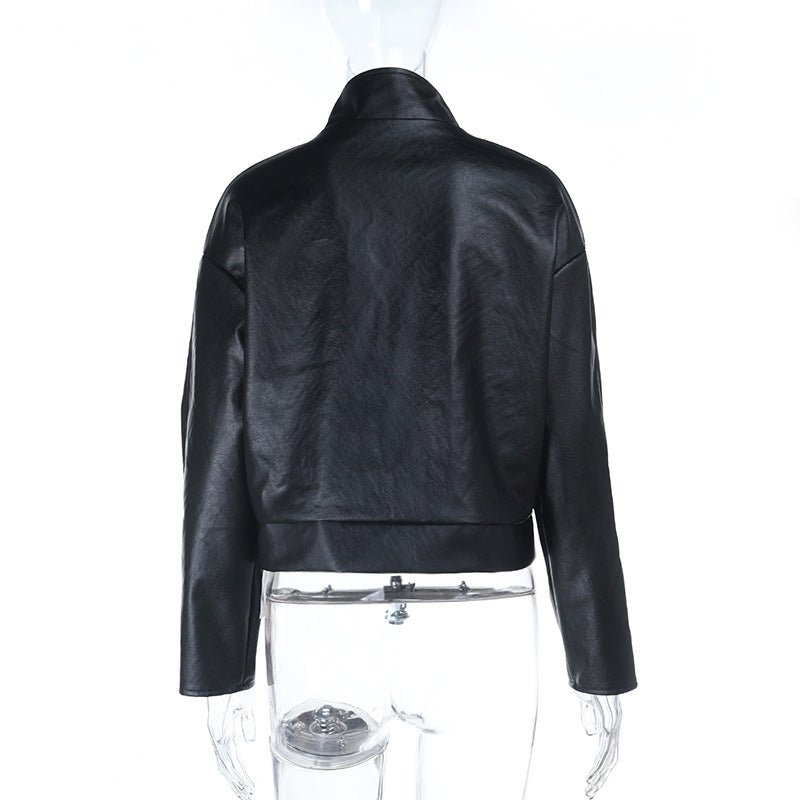 Cropped Faux Leather Moto Jacket - Black - TayDiane