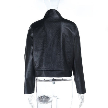 Cropped Faux Leather Moto Jacket - Black - TayDiane
