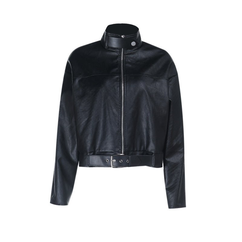 Cropped Faux Leather Moto Jacket - Black - TayDiane
