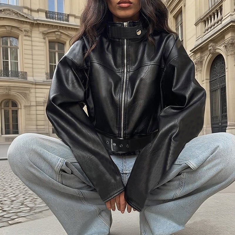 Cropped Faux Leather Moto Jacket - Black - TayDiane