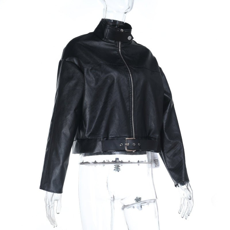 Cropped Faux Leather Moto Jacket - Black - TayDiane