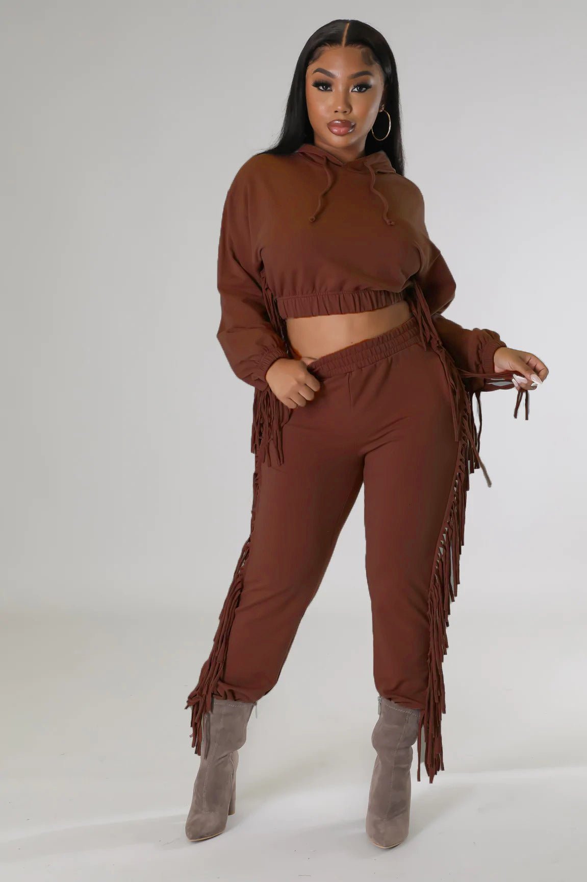 Cropped Long - Sleeve Hooded Two - Piece Set With Fringe Detail - TayDiane