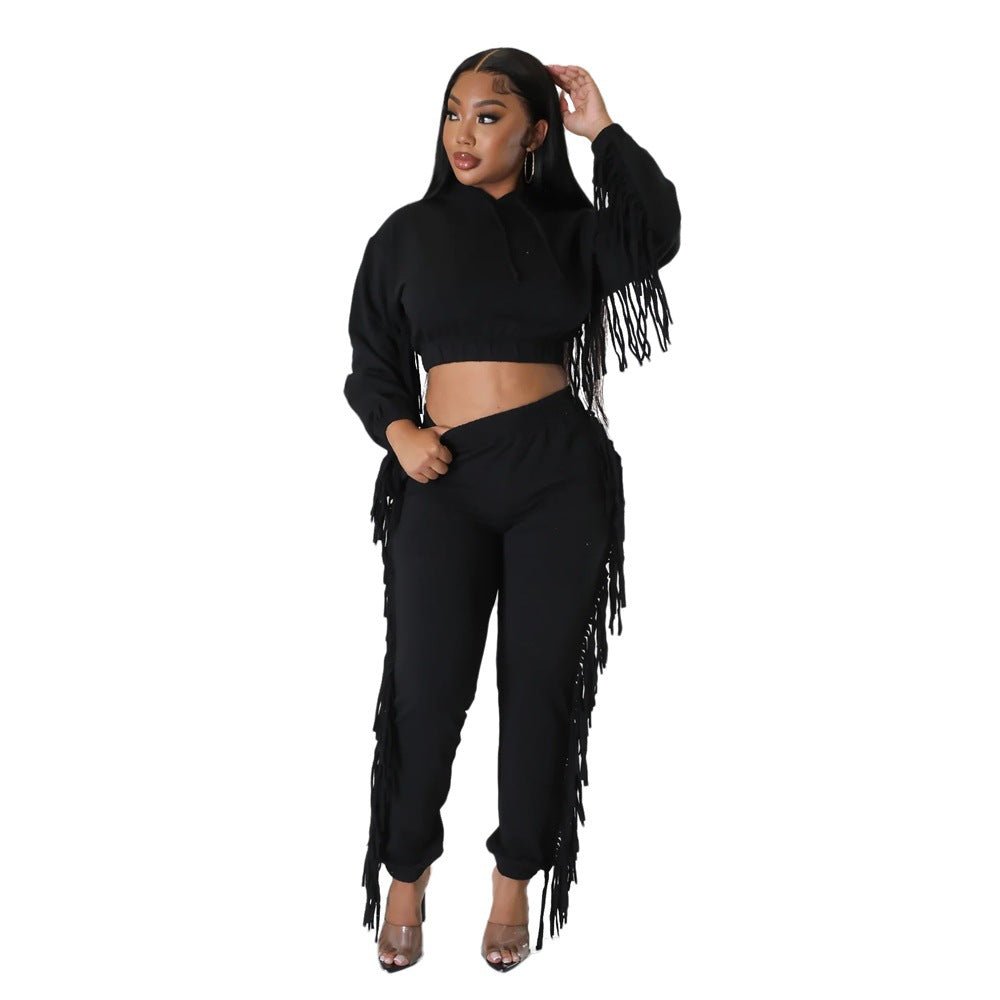 Cropped Long - Sleeve Hooded Two - Piece Set With Fringe Detail - TayDiane
