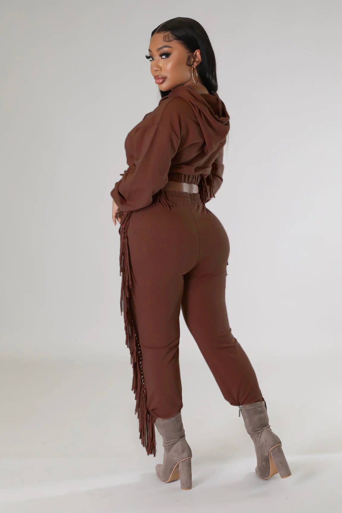 Cropped Long - Sleeve Hooded Two - Piece Set With Fringe Detail - TayDiane