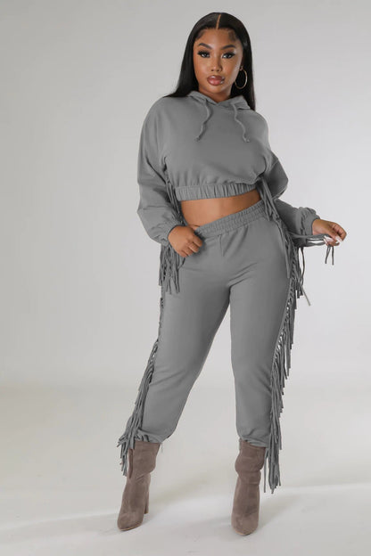 Cropped Long - Sleeve Hooded Two - Piece Set With Fringe Detail - TayDiane