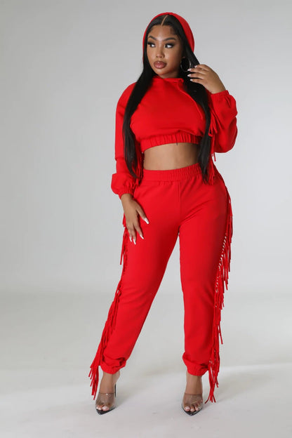Cropped Long - Sleeve Hooded Two - Piece Set With Fringe Detail - TayDiane