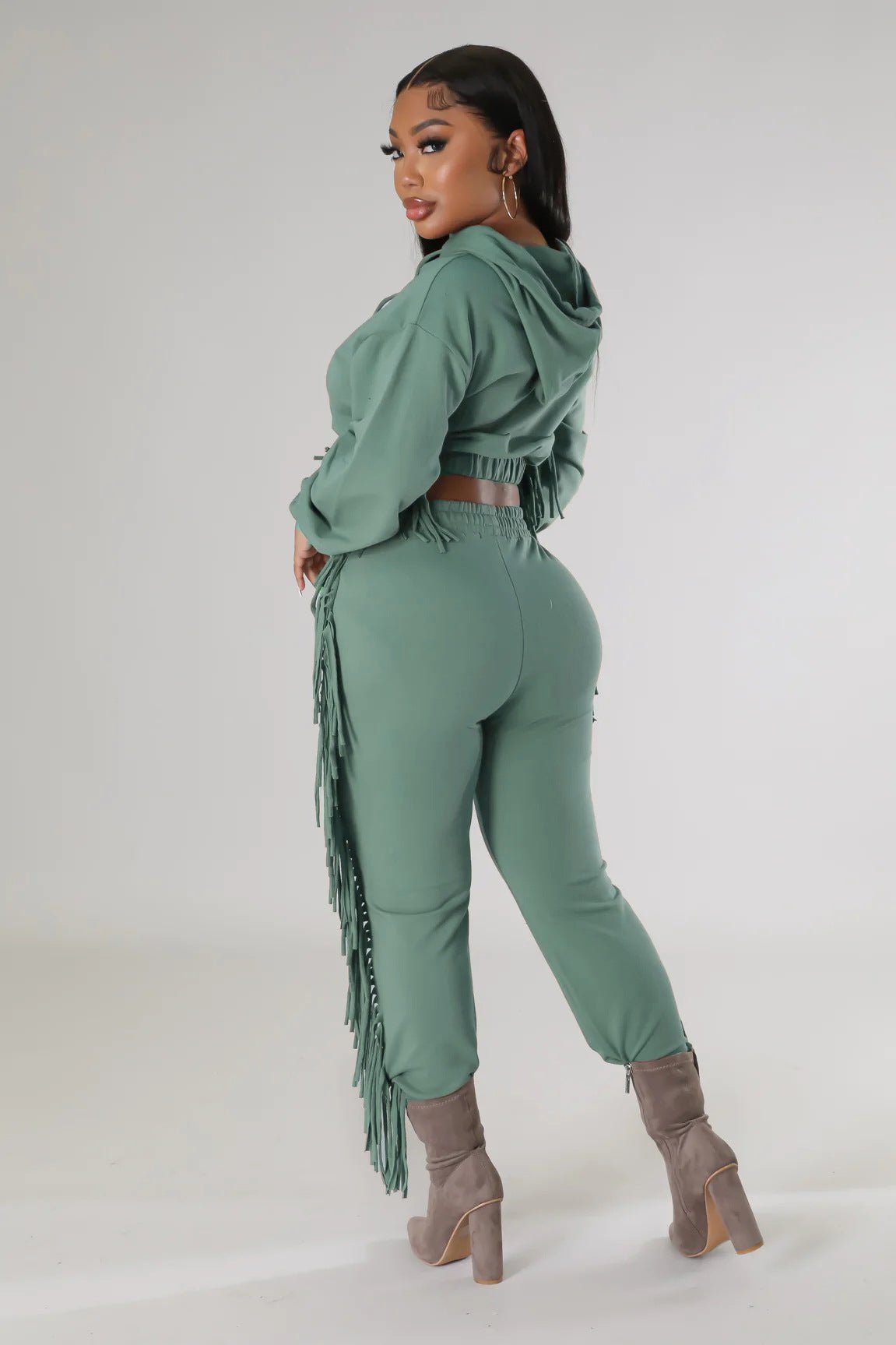 Cropped Long - Sleeve Hooded Two - Piece Set With Fringe Detail - TayDiane