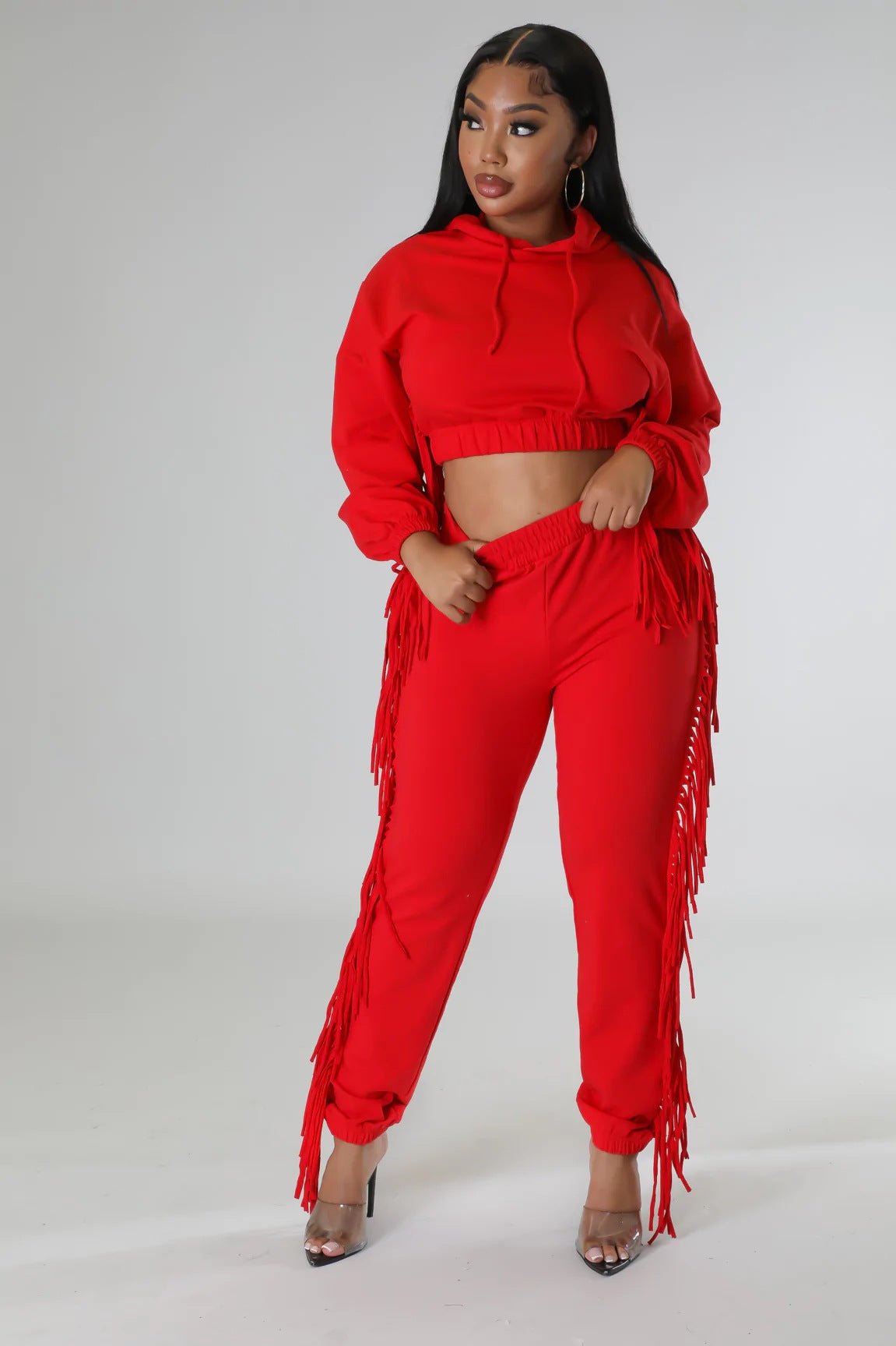 Cropped Long - Sleeve Hooded Two - Piece Set With Fringe Detail - TayDiane
