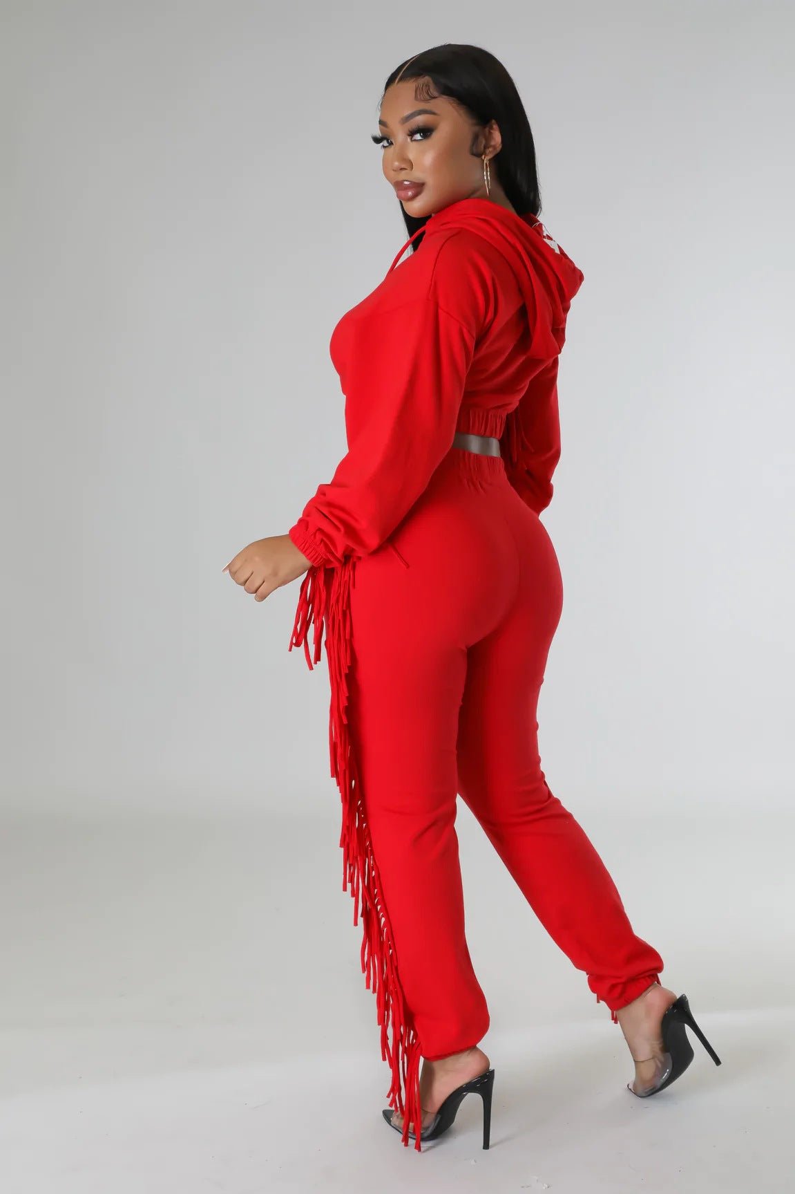 Cropped Long - Sleeve Hooded Two - Piece Set With Fringe Detail - TayDiane
