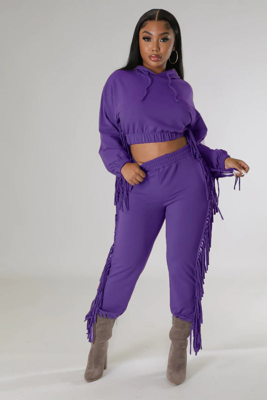 Cropped Long - Sleeve Hooded Two - Piece Set With Fringe Detail - TayDiane