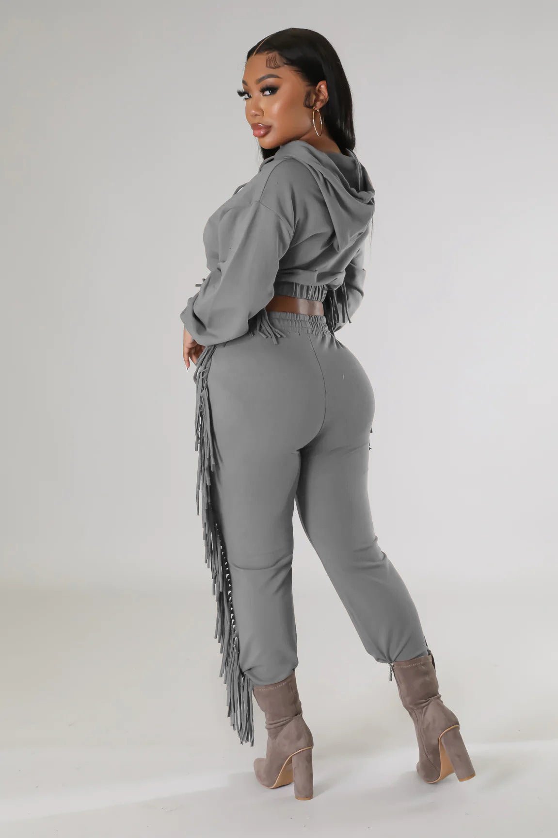 Cropped Long - Sleeve Hooded Two - Piece Set With Fringe Detail - TayDiane
